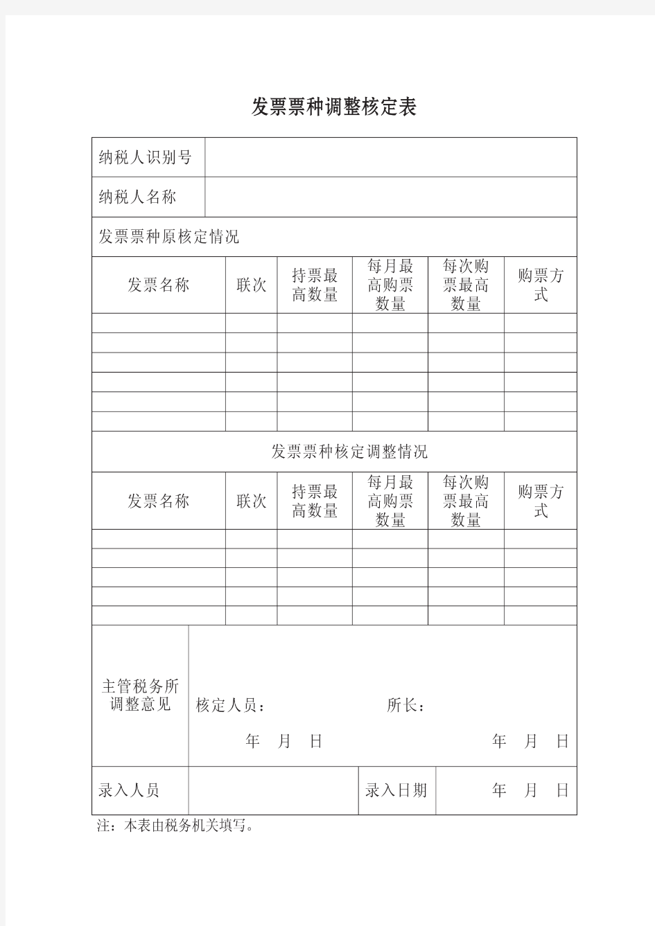 发票票种调整核定表