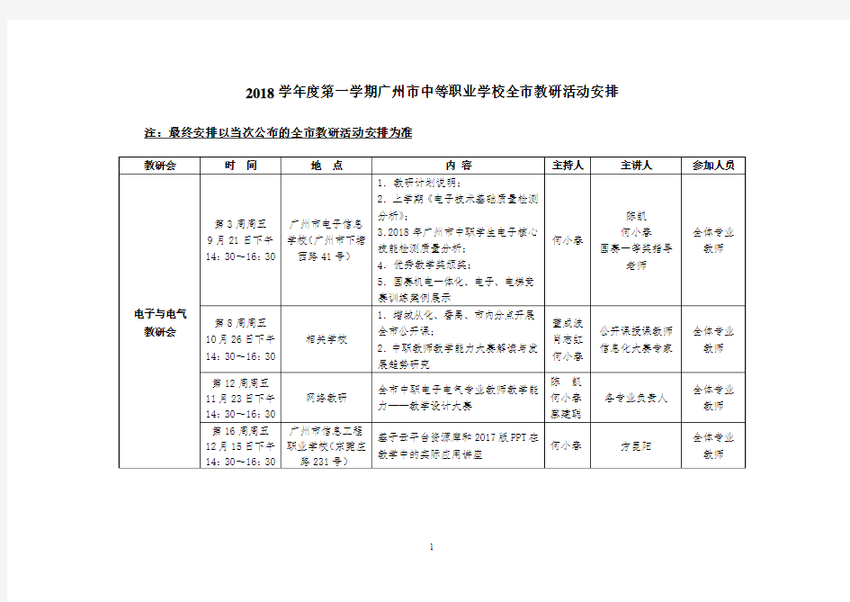 2018学第一学期广州中等职业学校全教研活动安排