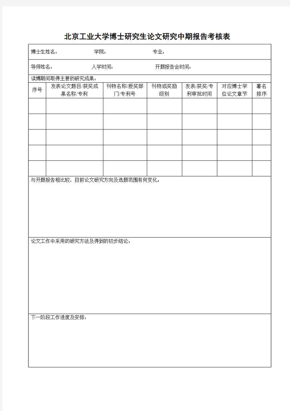 北京工业大学博士研究生论文研究中期报告考核表