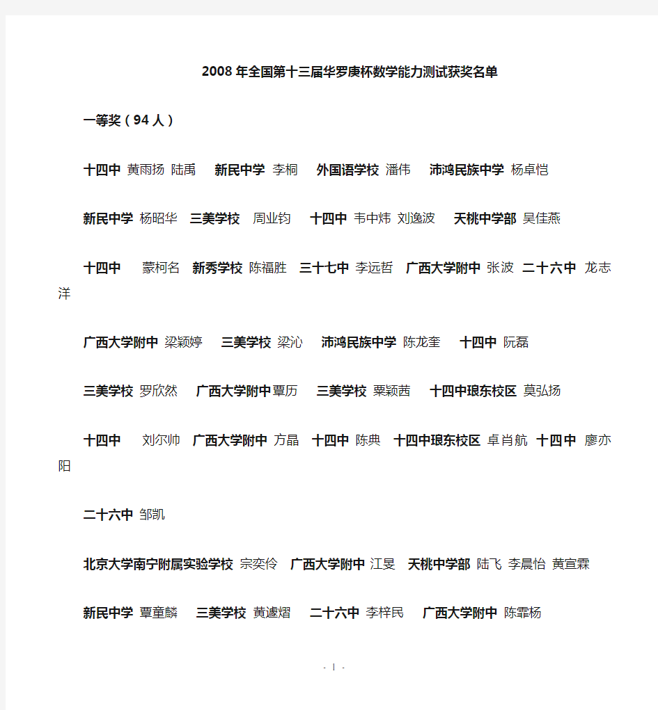 2008年全国第十三届华罗庚杯数学能力测试获奖名单