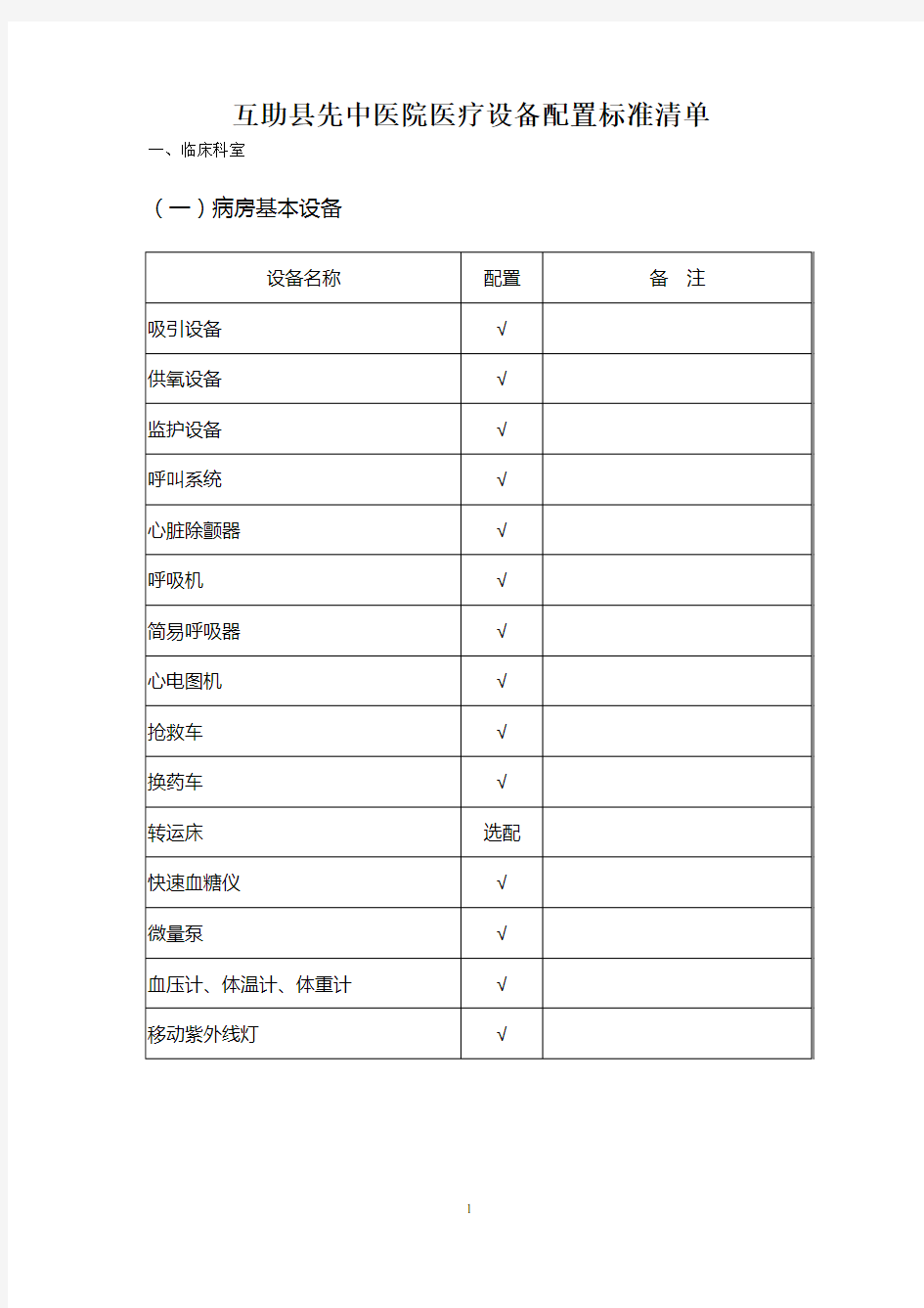 二级中医医院医疗设备配置标准