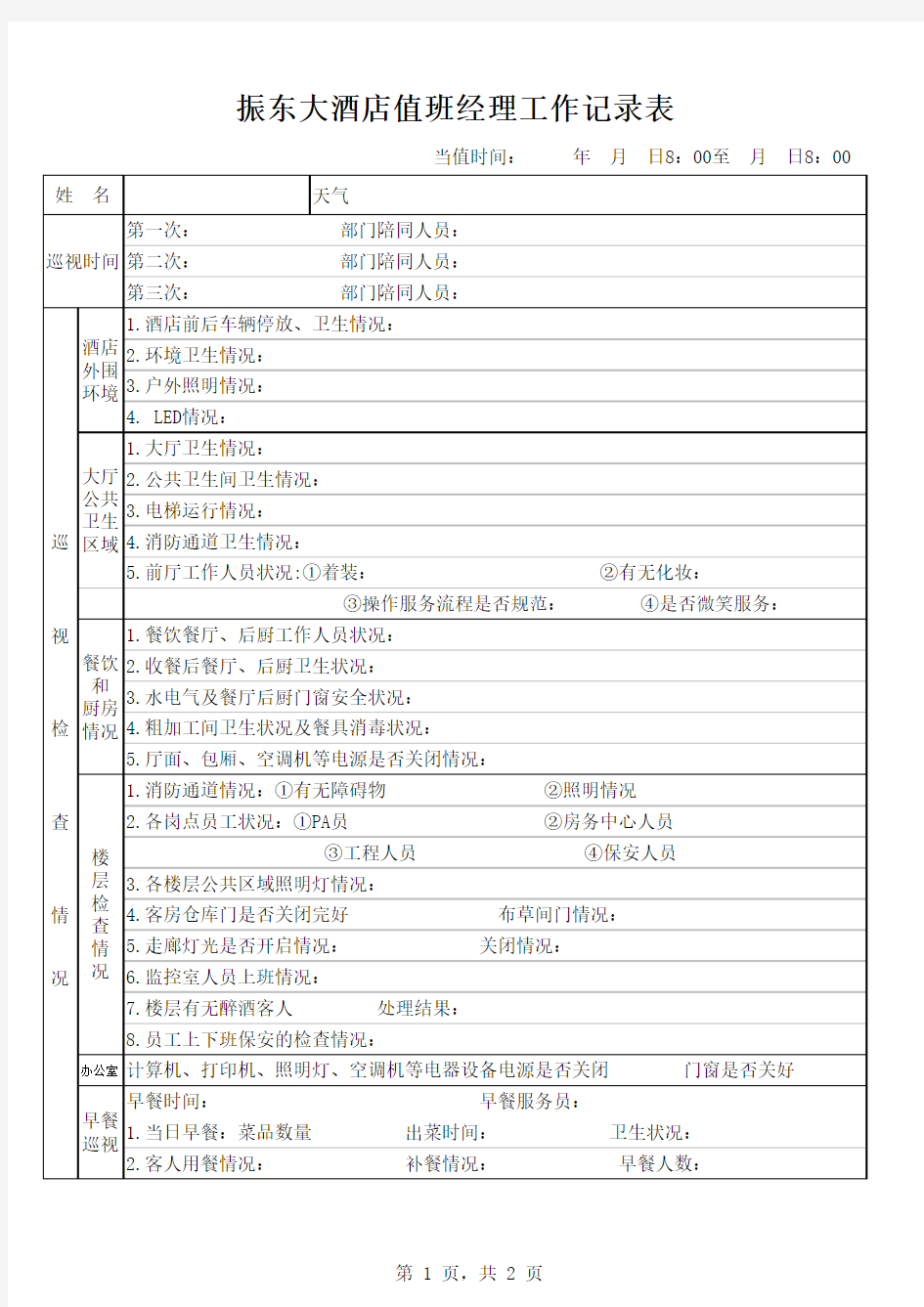 值班经理工作记录表