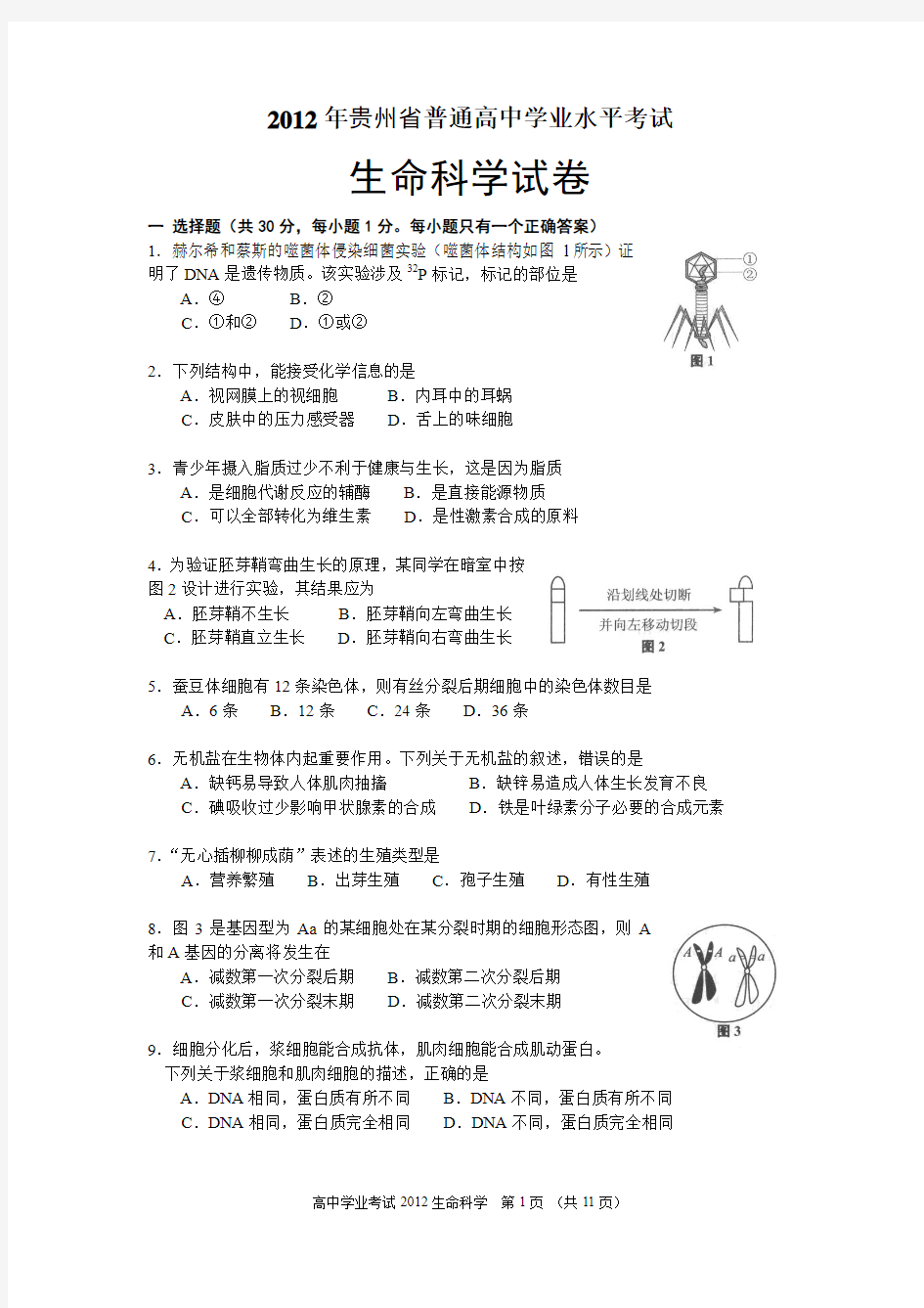 2012年贵州省普通高中学业水平考试试卷和答案(生命科学)