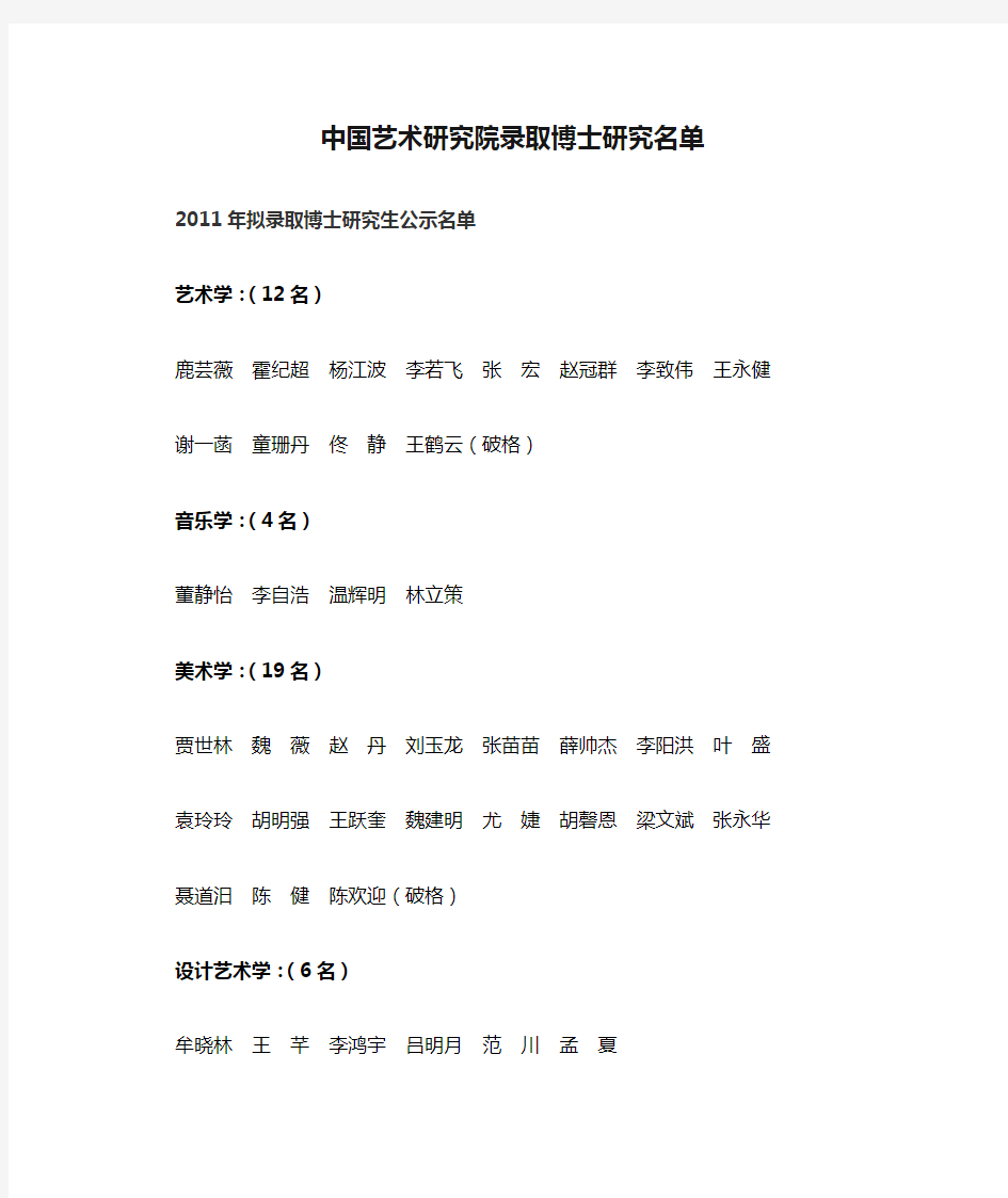 中国艺术研究院录取博士研究名单