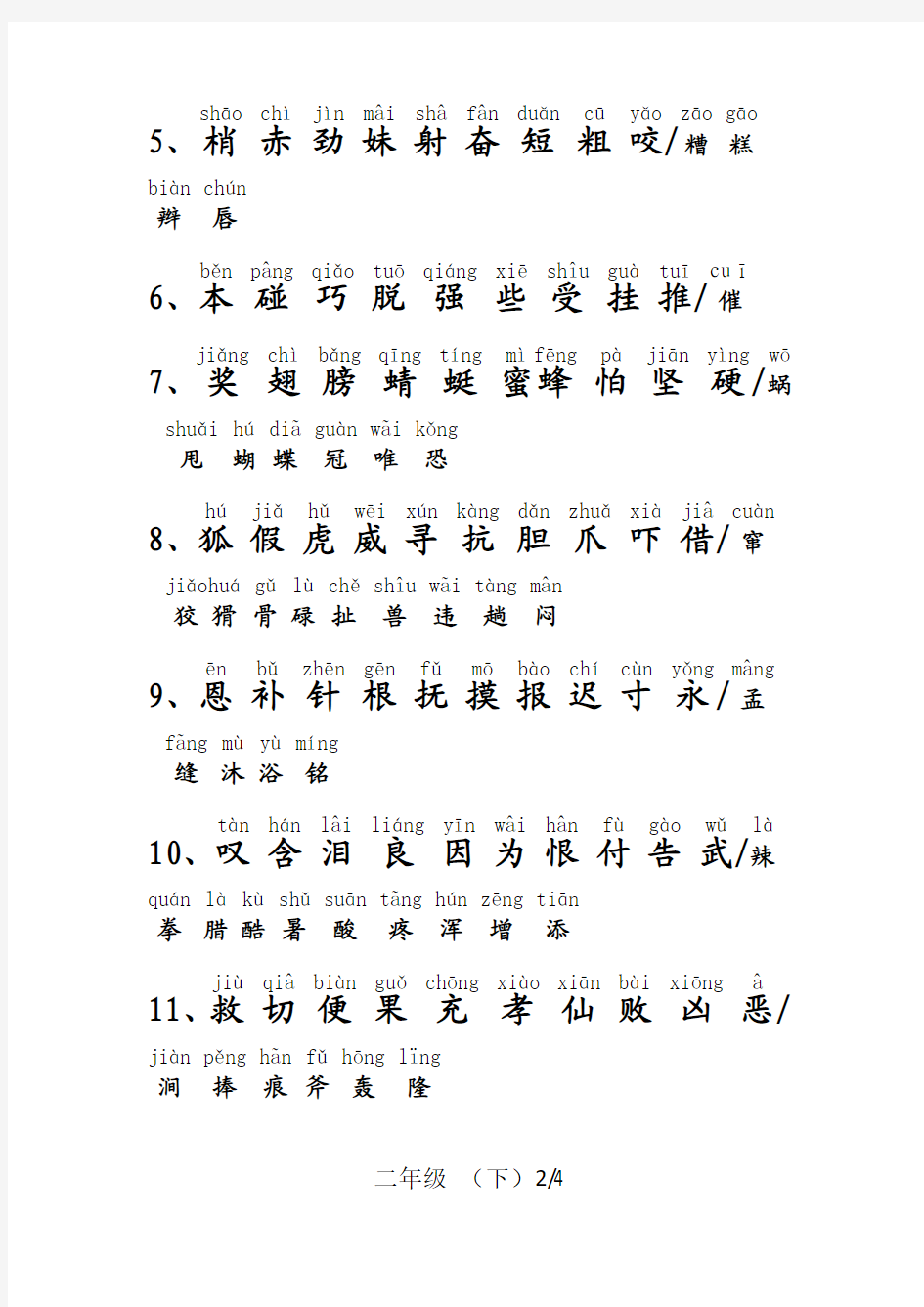 苏教版小学二年级语文下册生字表(含拼音)