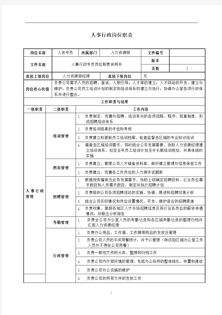 人事行政专员岗位职责说明书