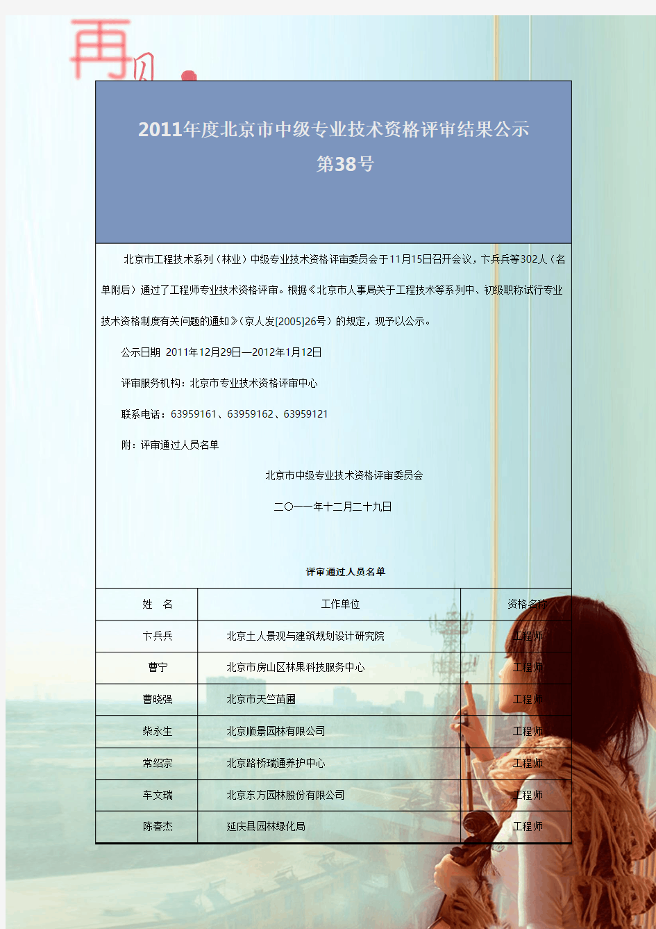 2011年度北京市中级专业技术资格评审结果公示