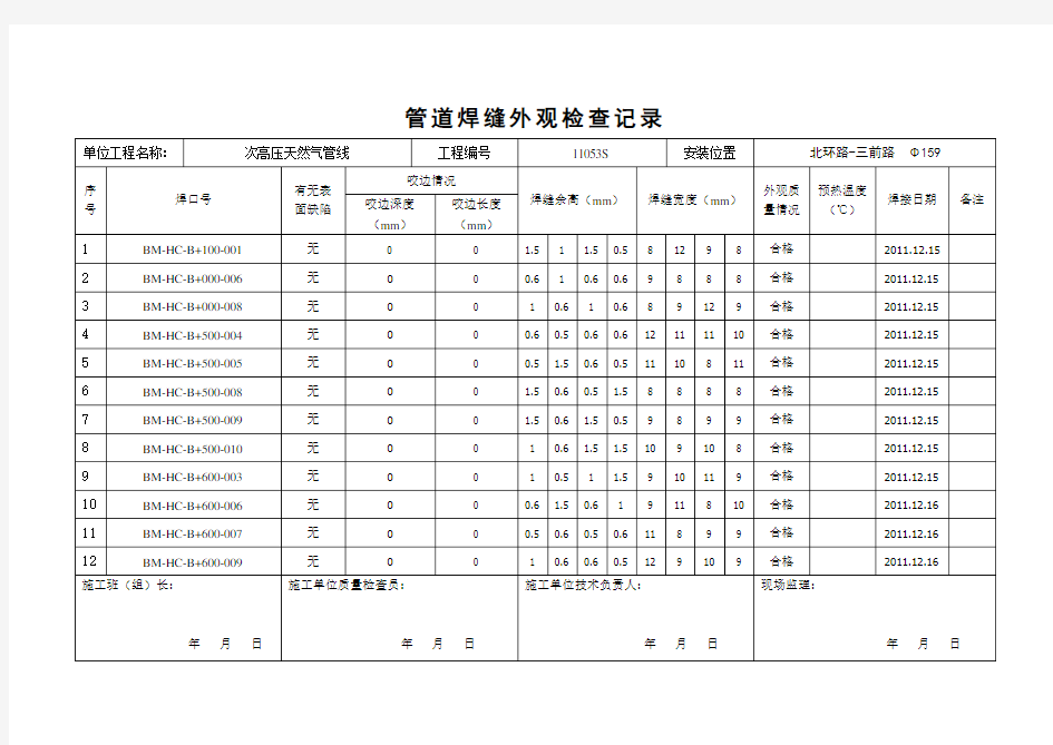 管道焊缝外观检查记录