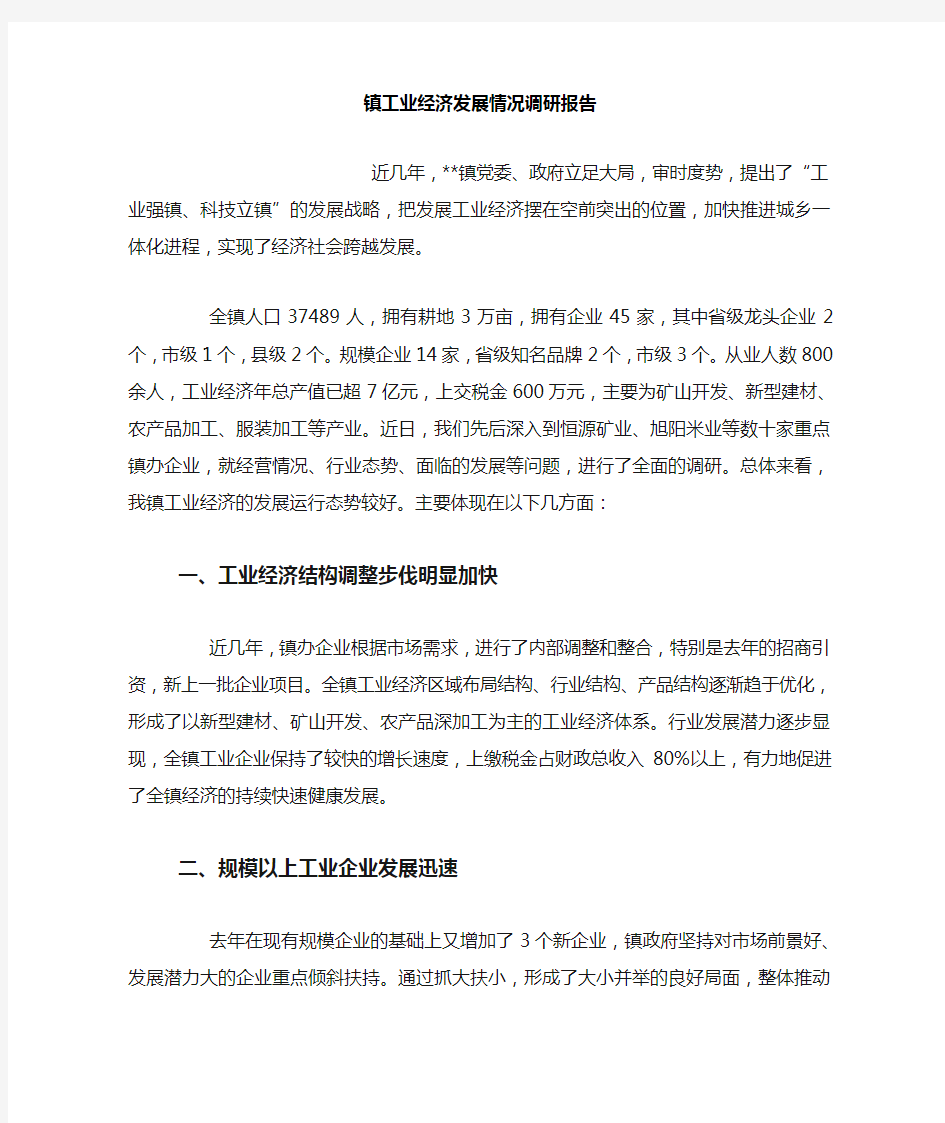 镇工业经济发展情况调研报告