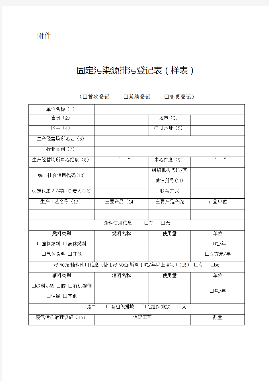 固定污染源排污登记表(样表)