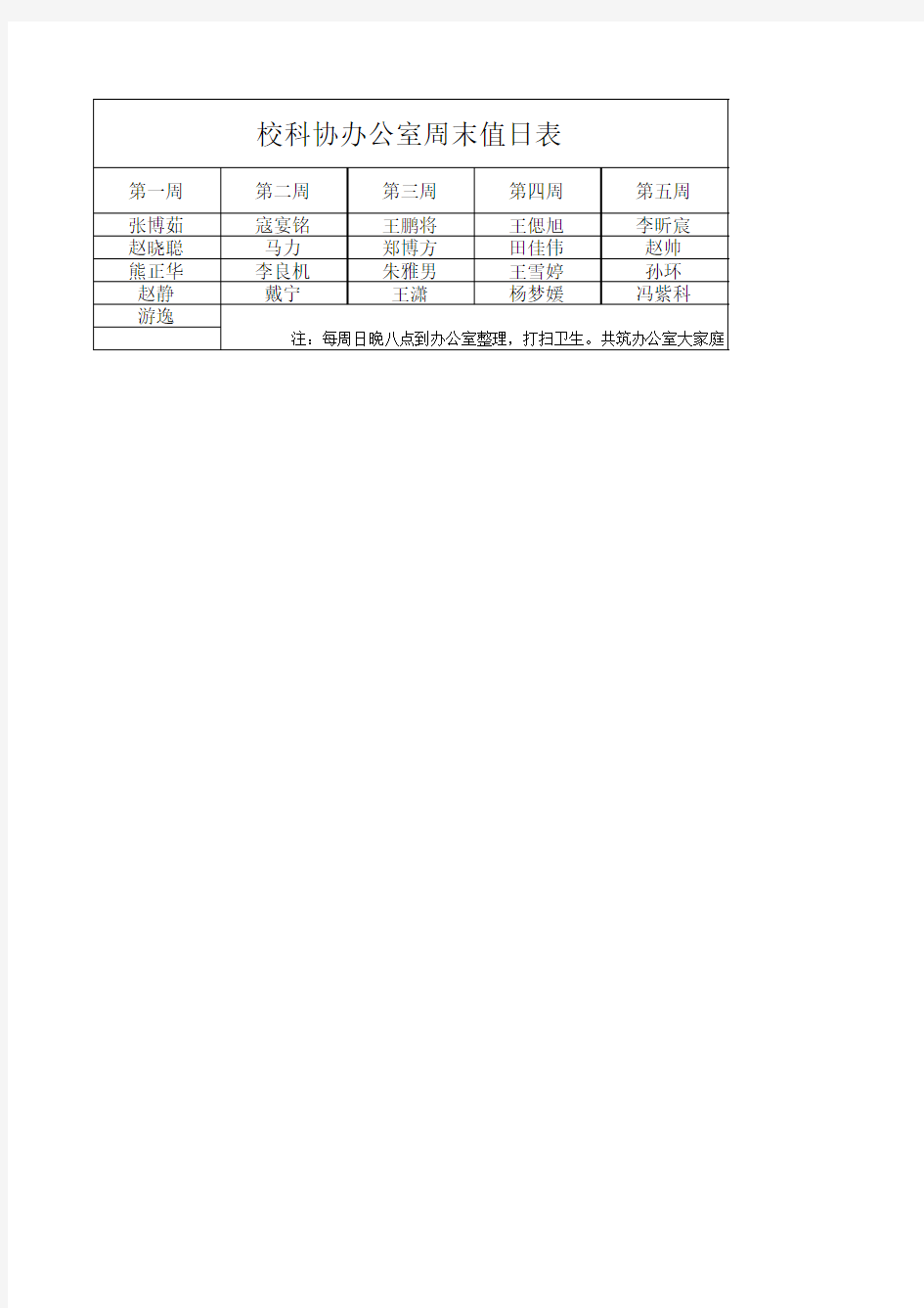 办公室卫生排班表