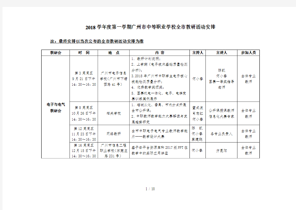 2018学年度第一学期广州市中等职业学校全市教研活动安排