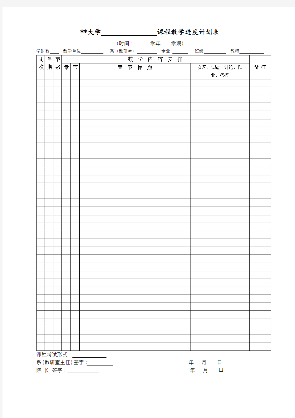 XX大学课程教学进度计划表【模板】