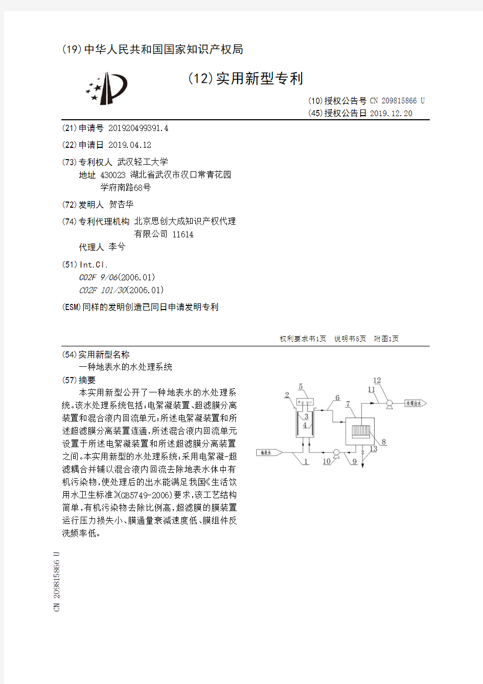 【CN209815866U】一种地表水的水处理系统【专利】