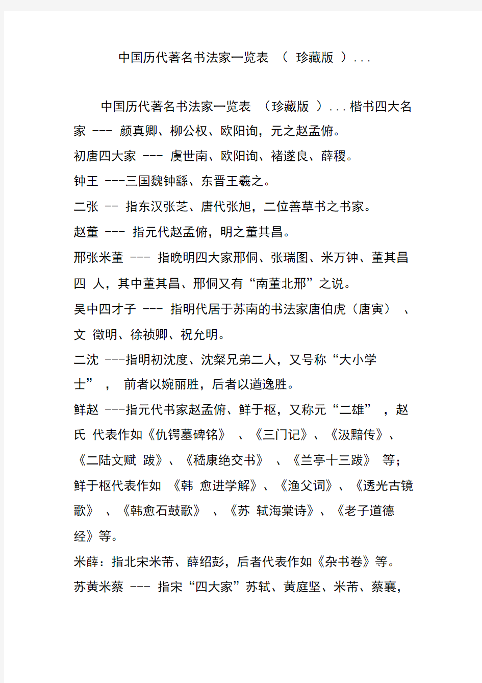 中国历代著名书法家一览表(珍藏版)...