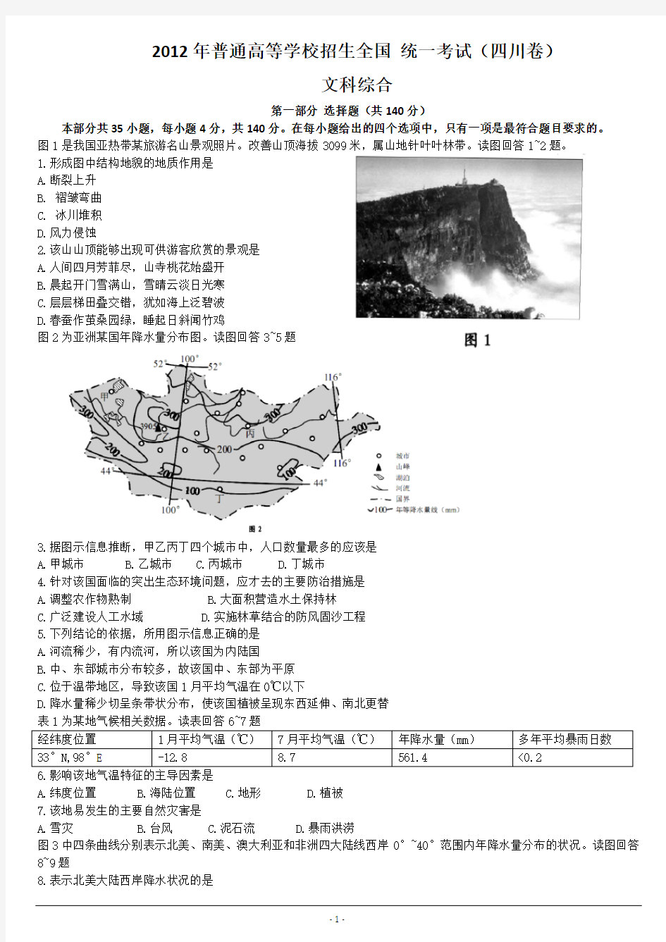 2012年四川高考文综地理试题及答案高清版