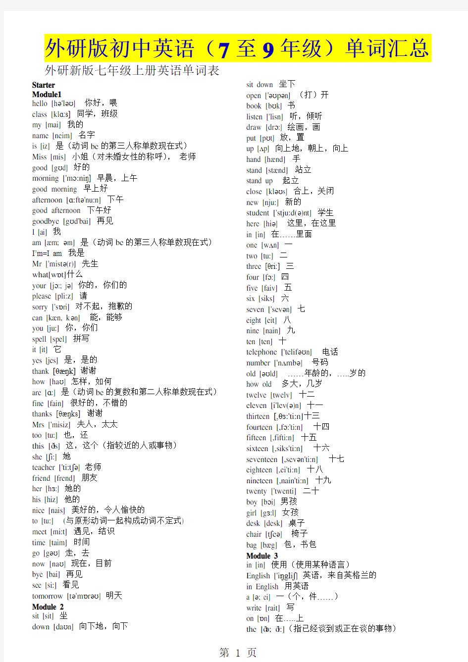 新外研版初中英语单词带音标-2019年学习文档