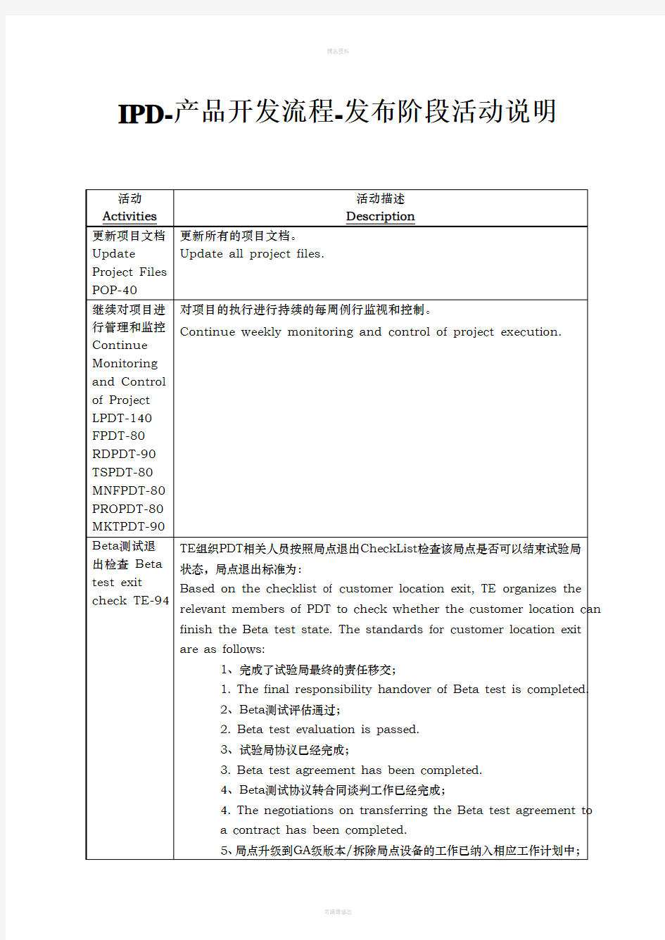 IPD-产品开发流程-发布阶段活动说明