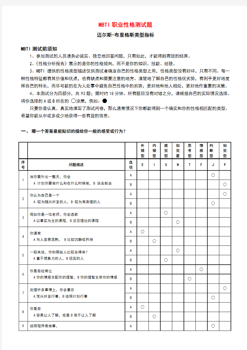 MBTI职业性格测试题目与答案解析