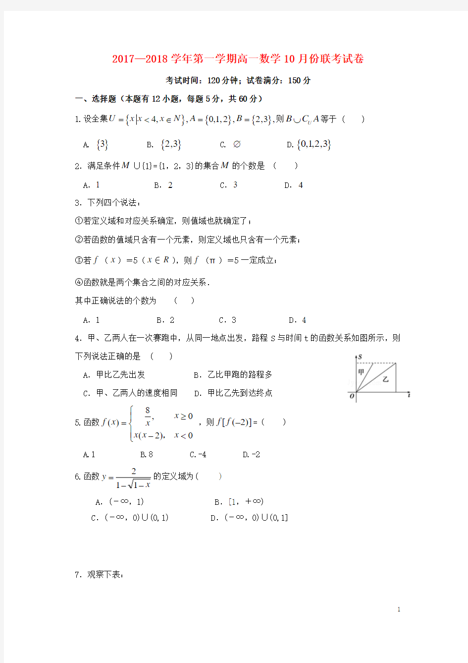 江西省南昌市六校2017_2018学年高一数学10月联考试题