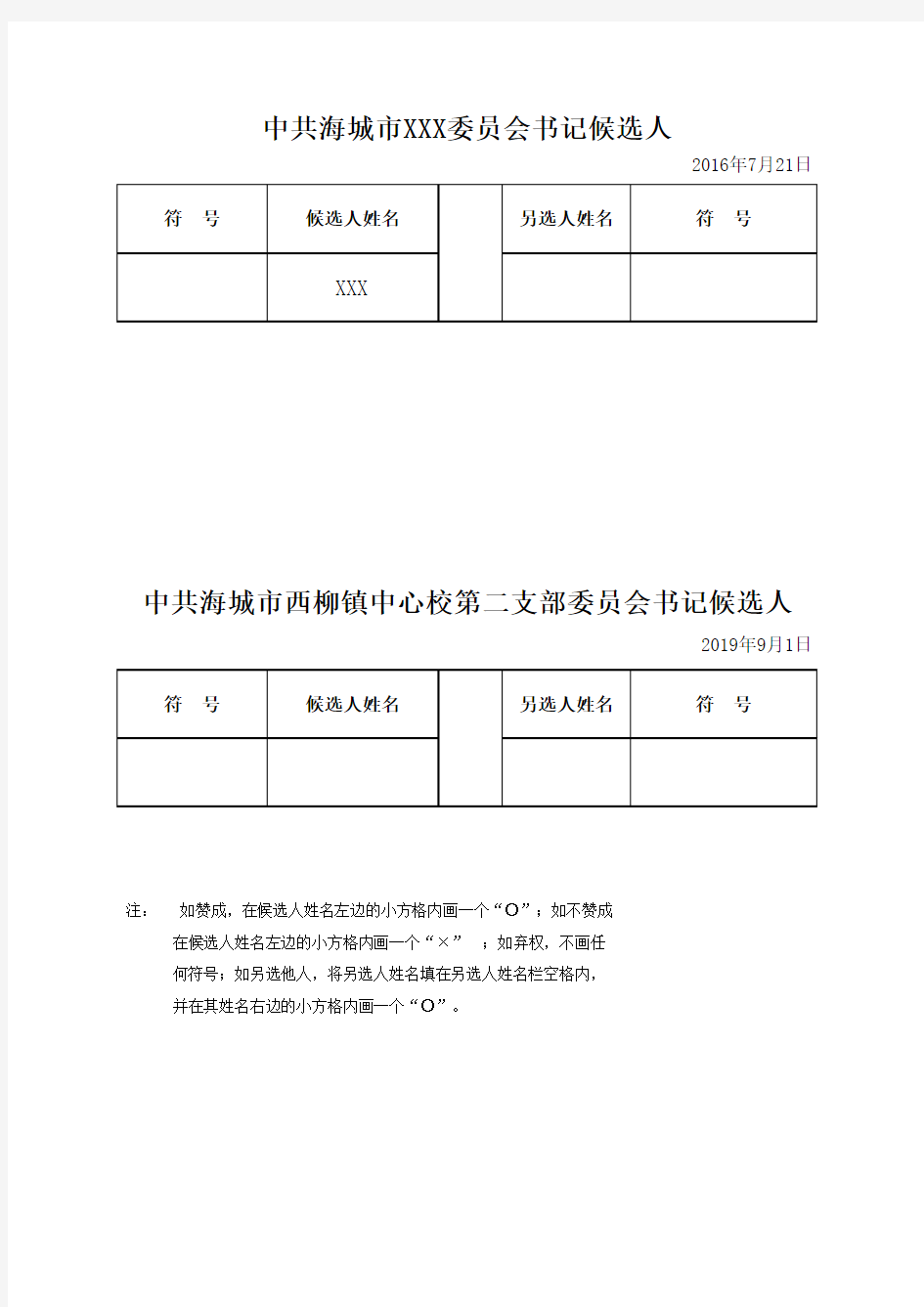 新成立党支部支部委员选票模板