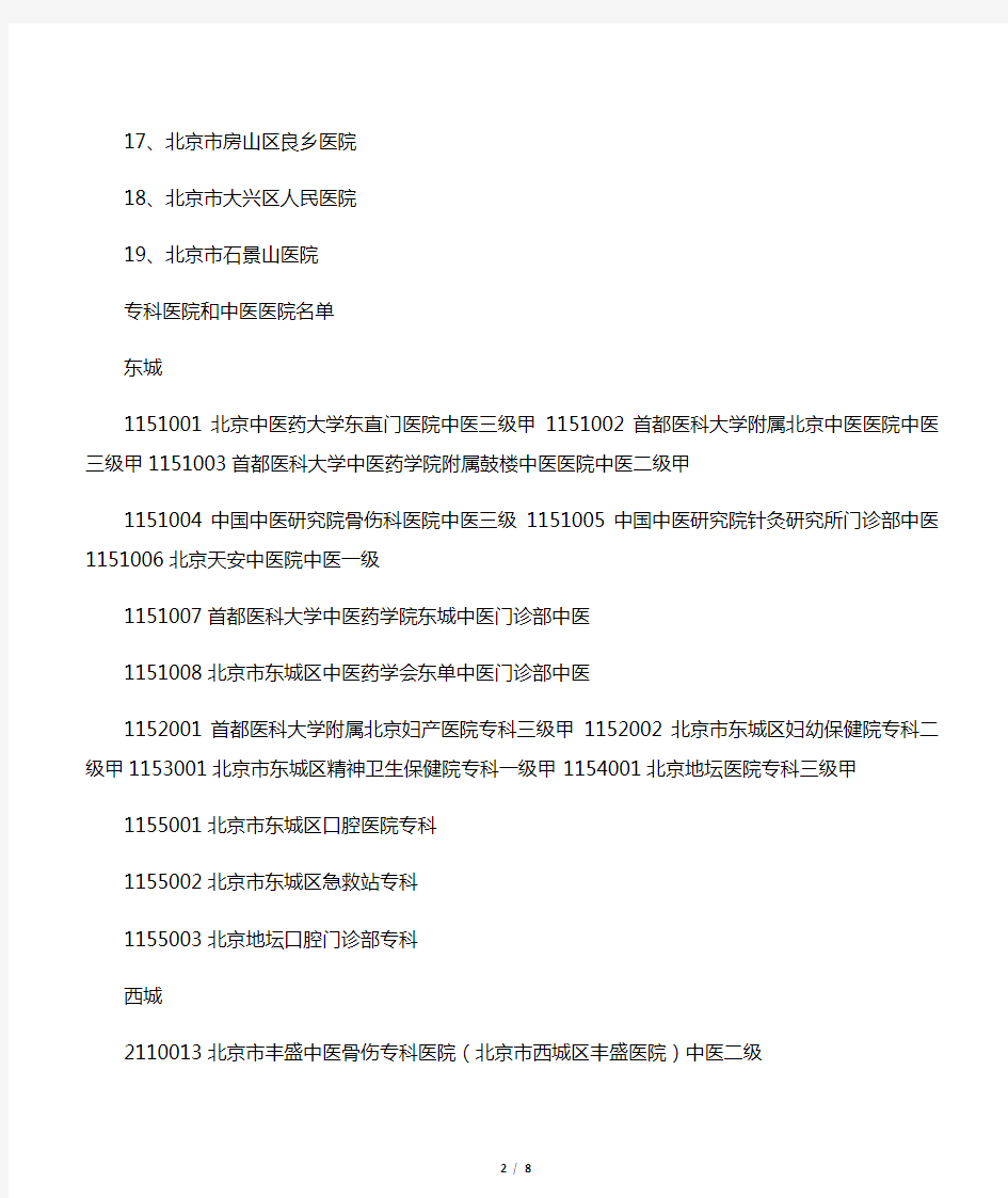 北京市医保19家A类医院、专科医院和中医医院名单