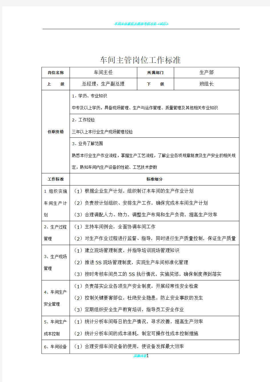 车间主管绩效考核表