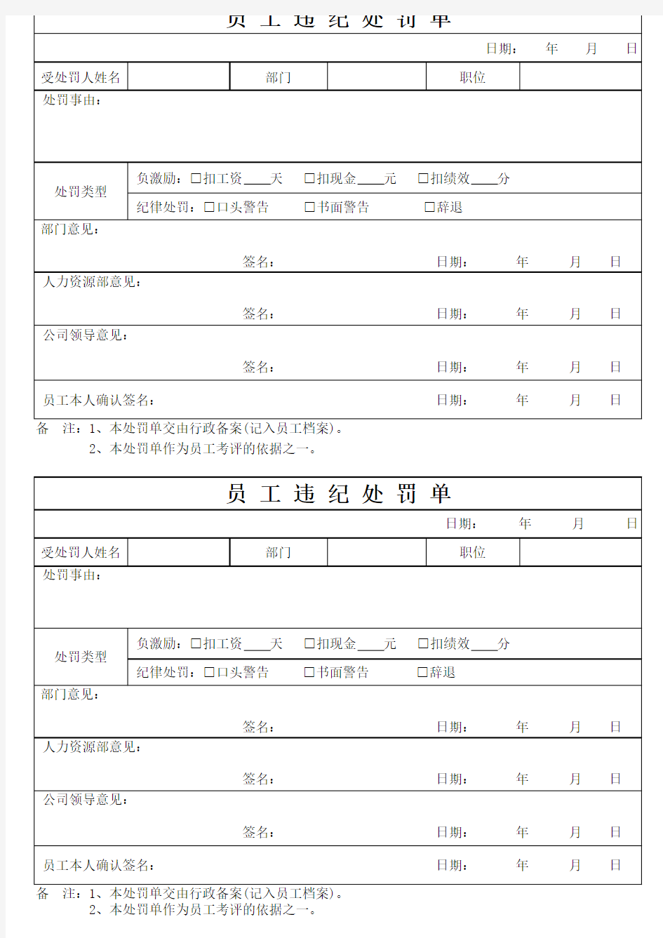 员工违纪处罚通知书