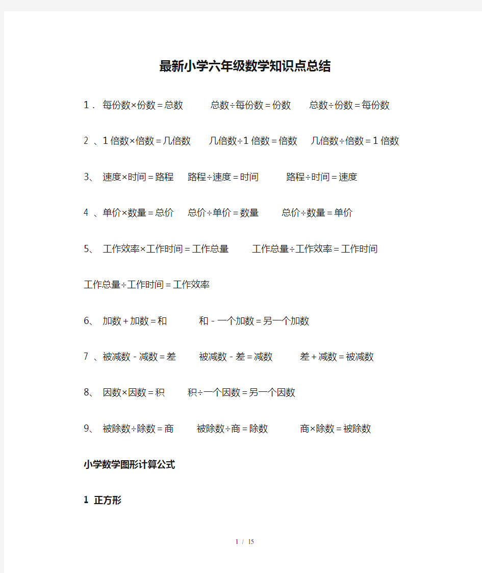 最新小学六年级数学知识点总结