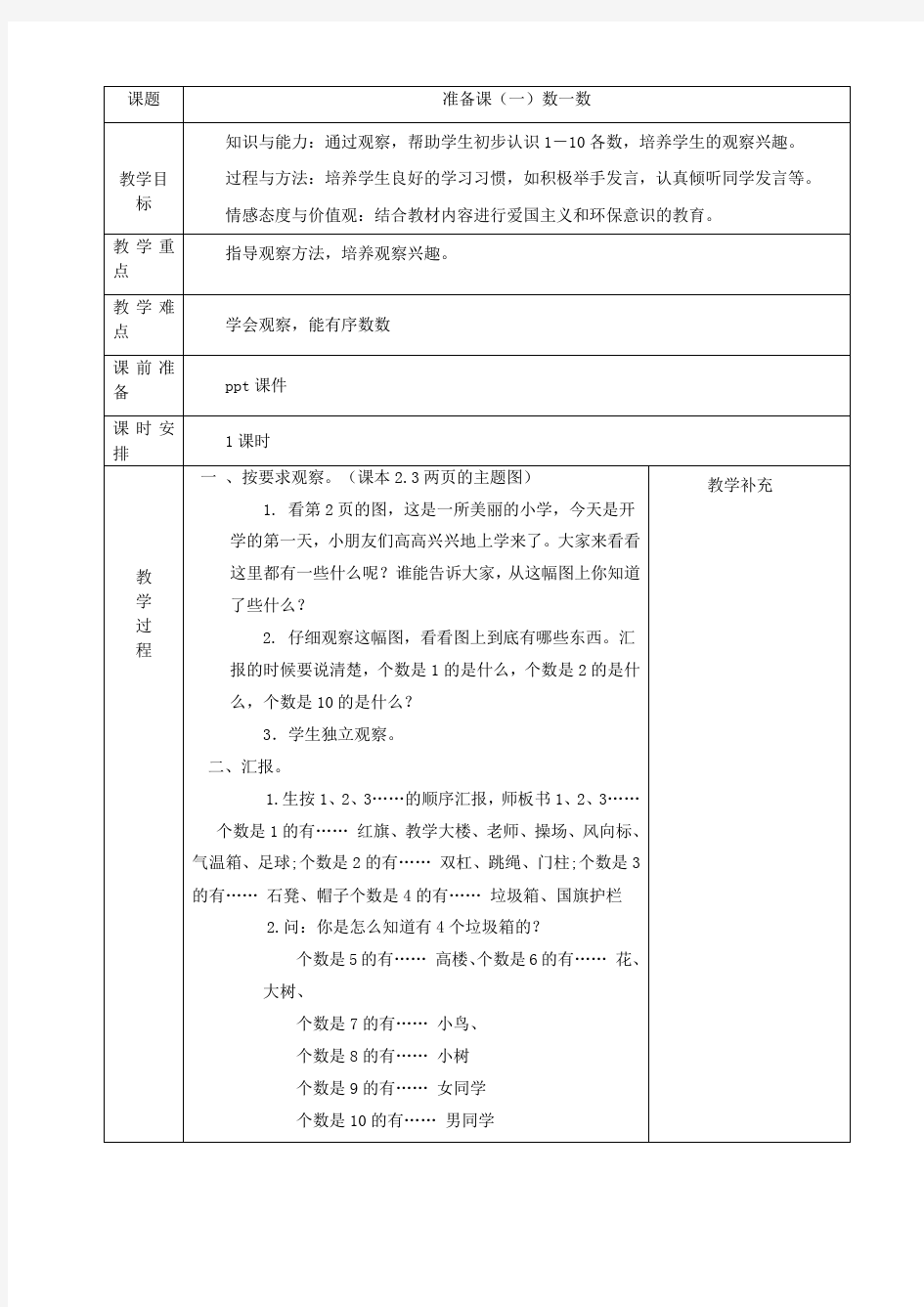 小学一年级上册数学教案-全册