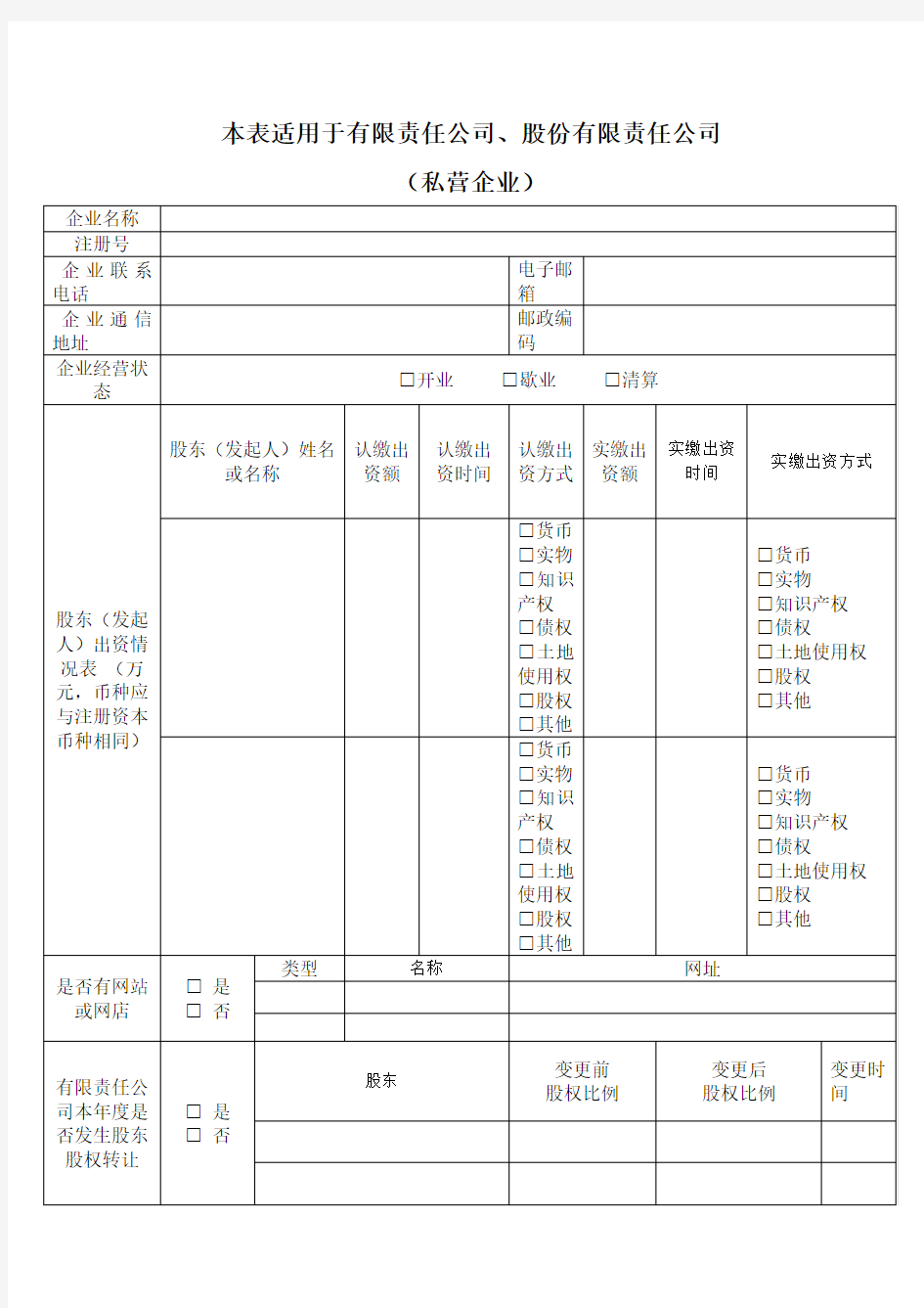 工商年报公示表格