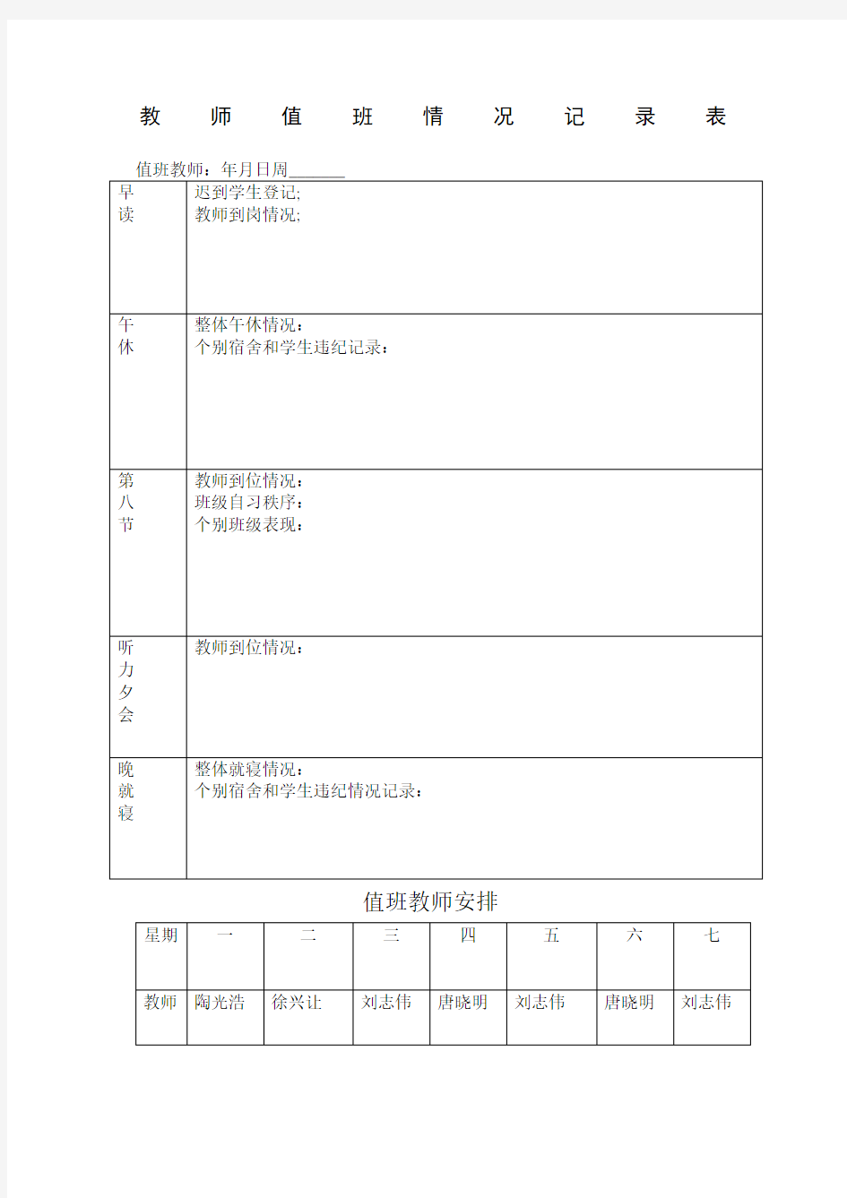 教师值班情况记录表