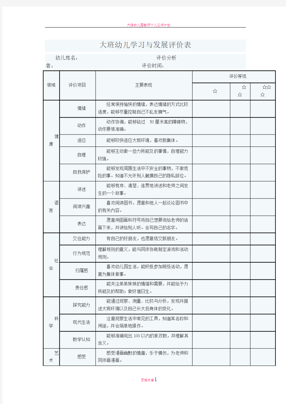 大班幼儿学习与发展评价表(一)