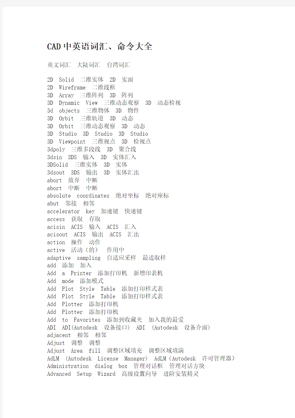 CAD中英语词汇、命令大全