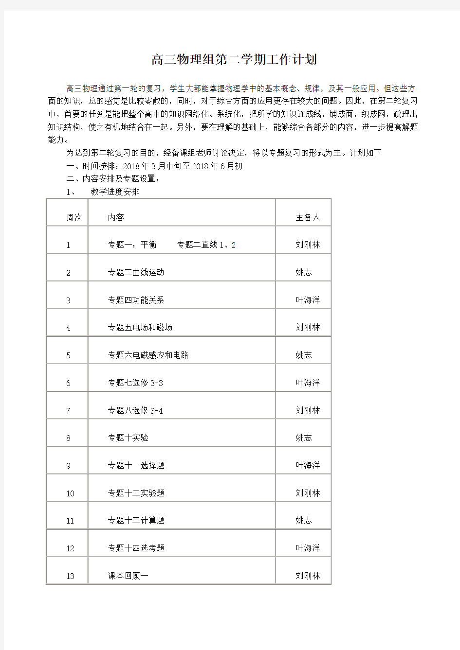 高三物理备课组计划