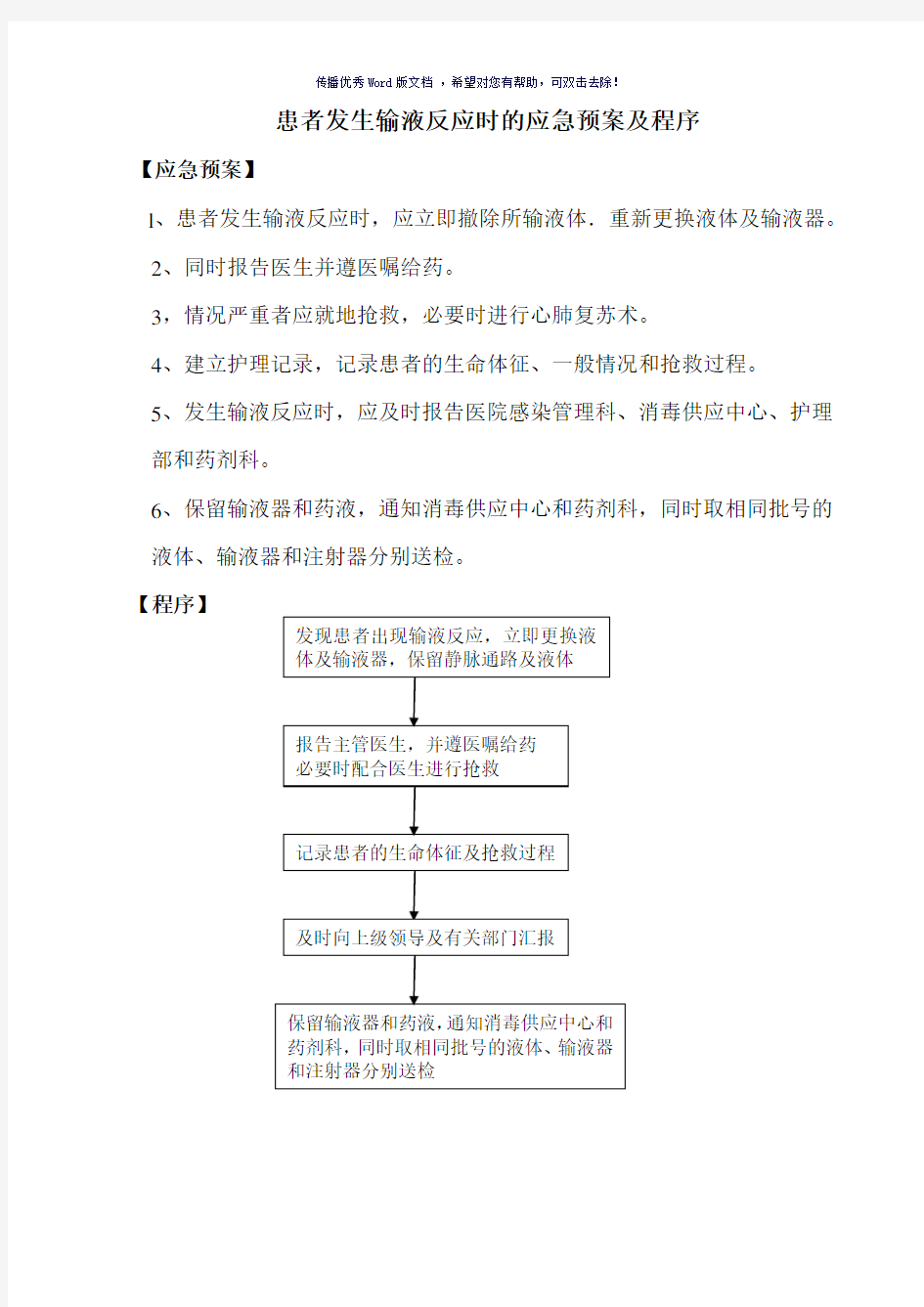 患者发生输液反应时的应急预案及程序(参考模板)