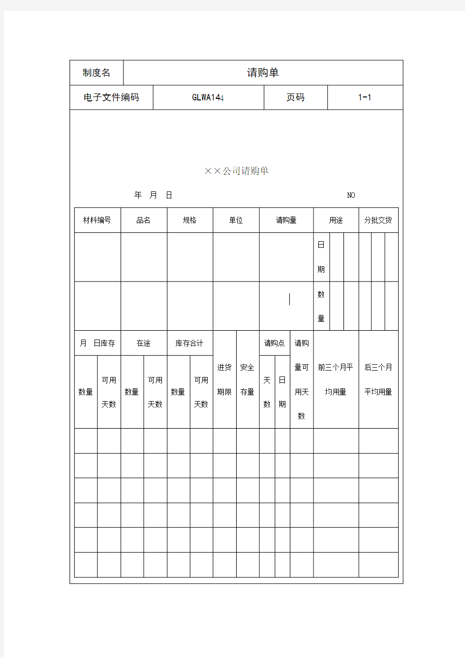 公司材料请购申请单