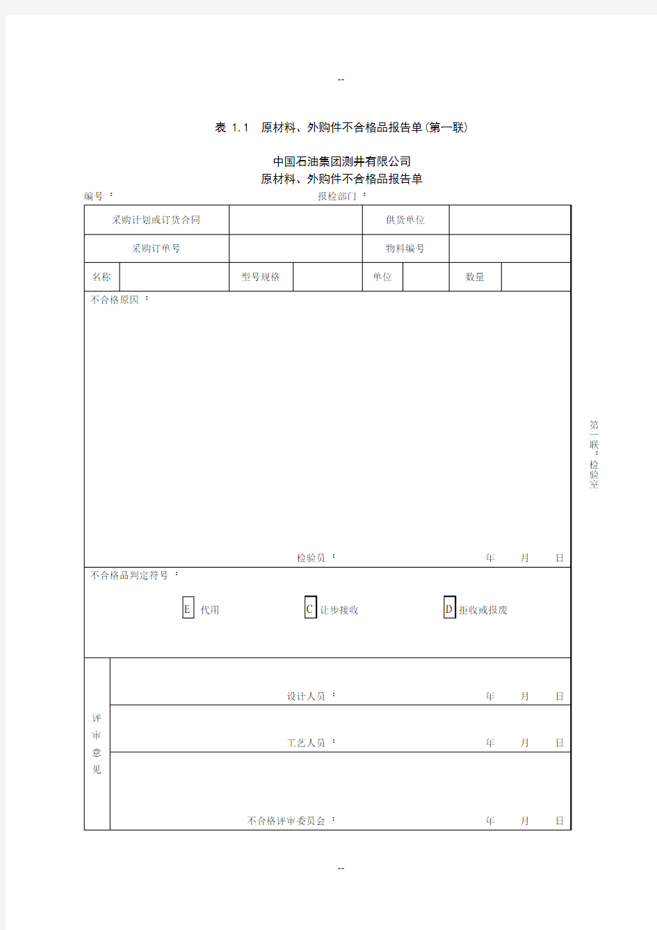 不合格品报告单