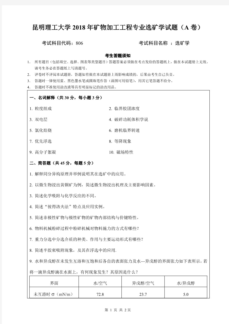 昆明理工大学选矿学考研真题试题2018—2020年