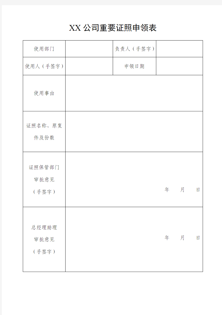 19.重要证照印申领表