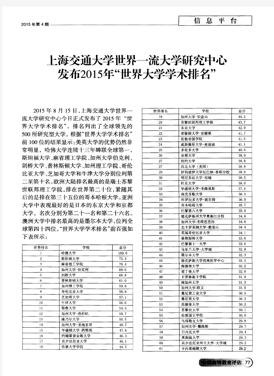 上海交通大学世界一流大学研究中心发布2015年“世界大学学术排名”