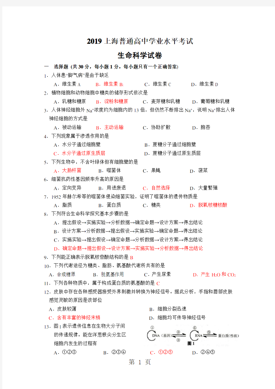 2019上海市学业水平考试生命科学试卷含答案8页