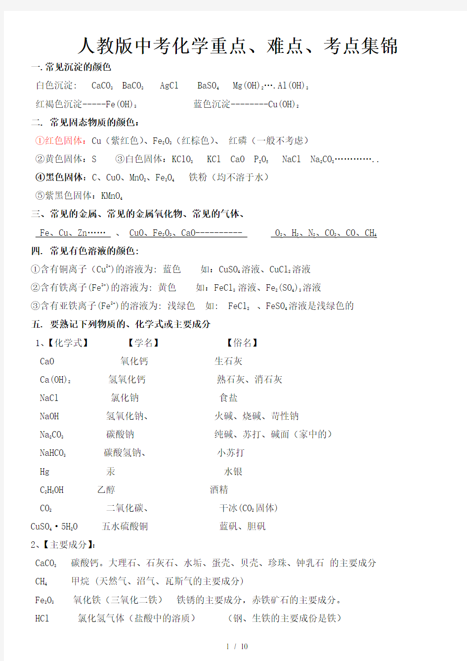 人教版中考化学重点、难点、考点集锦1