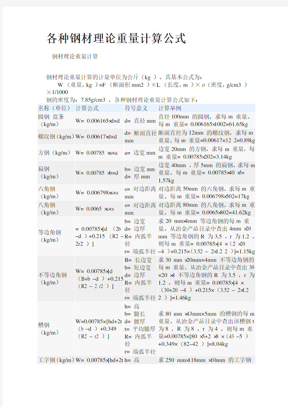 各种钢材理论重量计算公式