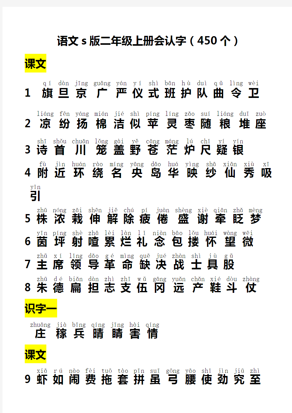 小学语文S版二年级语文上册生字表一(带拼音)