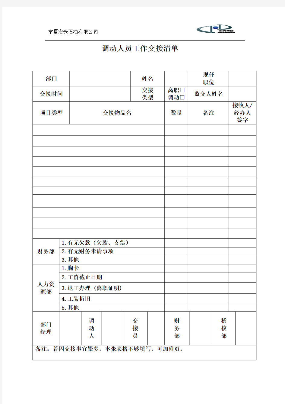 异动人员工作交接清单