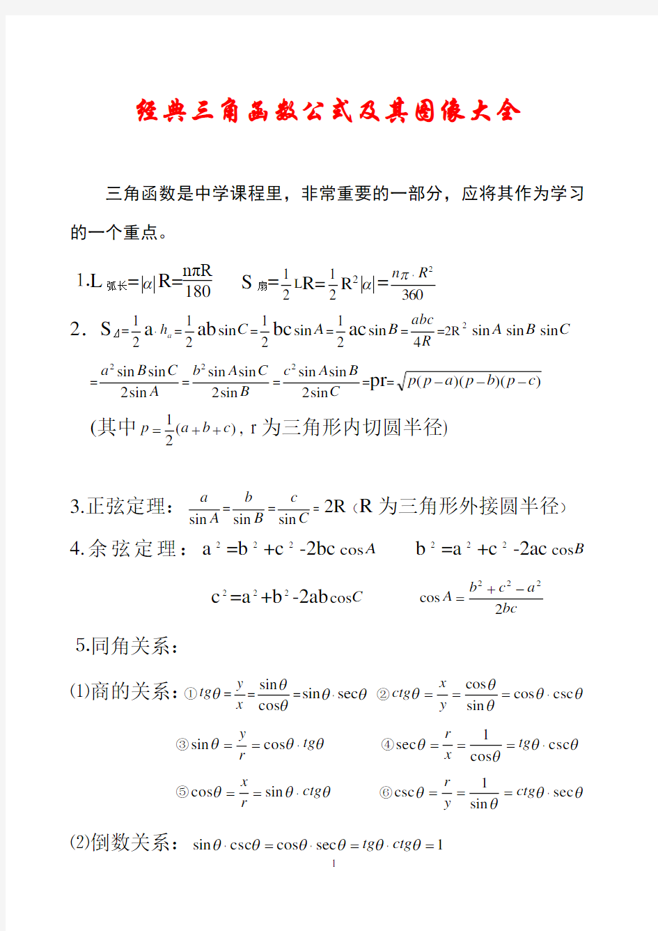 经典三角函数公式及其图像大全