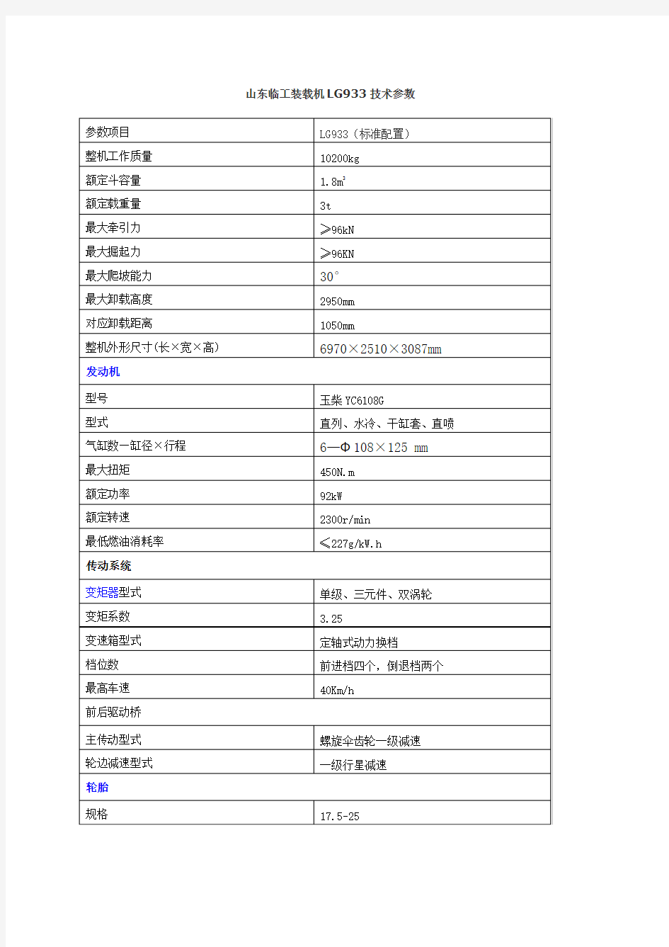 山东临工装载机LG933技术参数