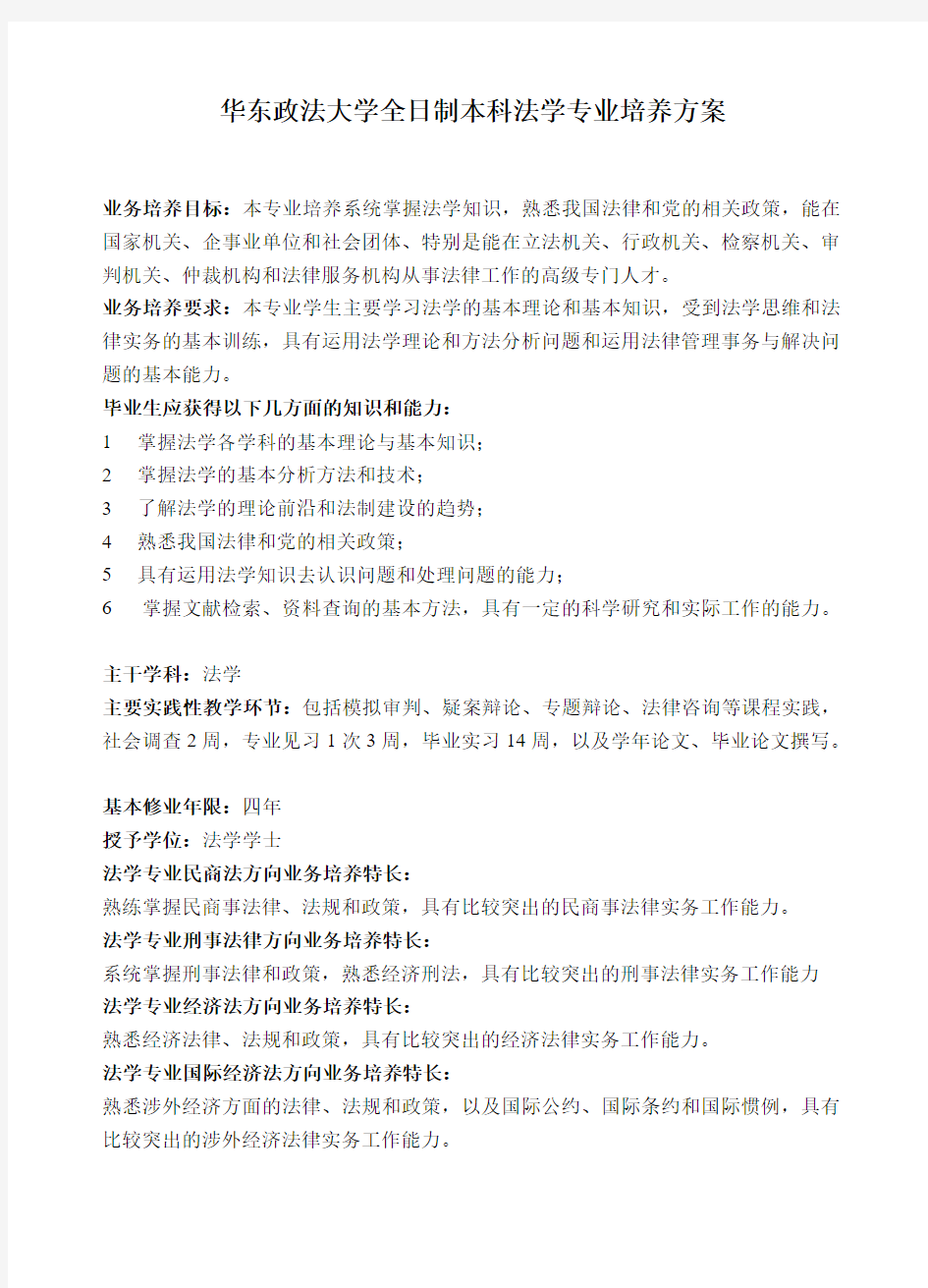 华东政法大学法学专业培养方案