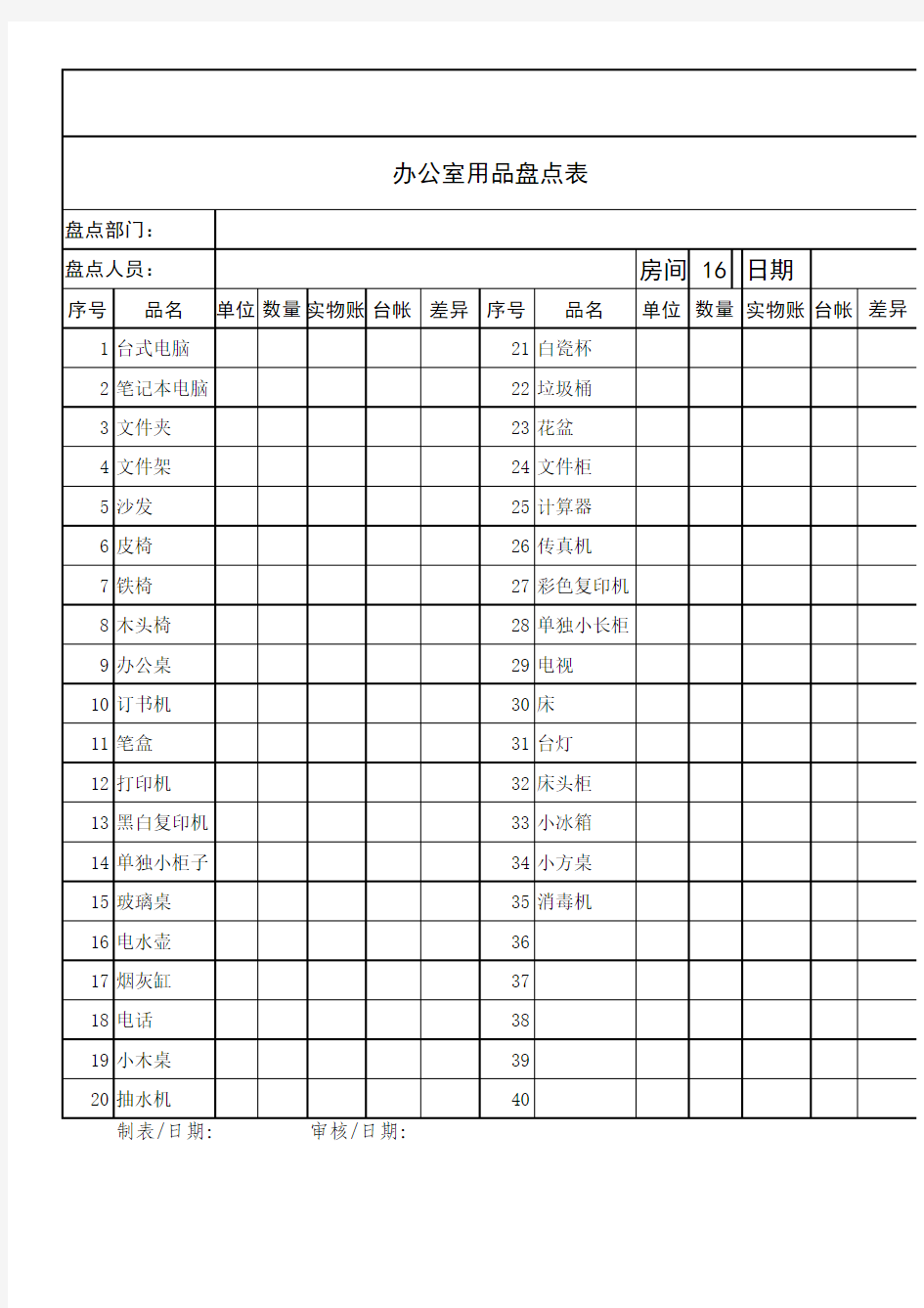 办公室用品盘点表